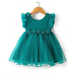 Babyhug Woven Frill Sleeves Shimmered Party Frock with with Floral Detailing - Green