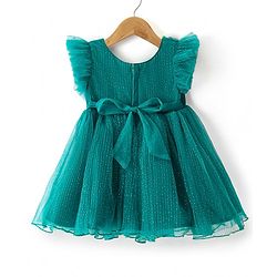 Babyhug Woven Frill Sleeves Shimmered Party Frock with with Floral Detailing - Green