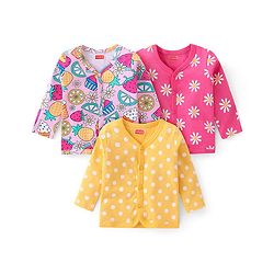 Babyhug 100% Interlock Cotton Knit Full Sleeves Front Open Vests with Polka Dots & Floral Print Pack of 3 - Yellow & Pink