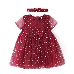 Babyhug Woven Half Sleeves Fit and Flare Party Frock Polka Dot Foil Print & Bow Applique With Headband  - Red
