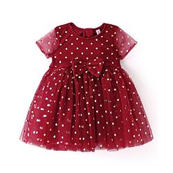 Babyhug Woven Half Sleeves Fit and Flare Party Frock Polka Dot Foil Print & Bow Applique With Headband  - Red