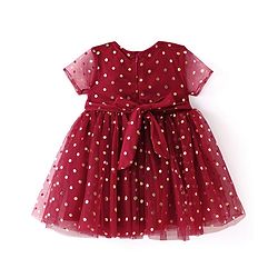 Babyhug Woven Half Sleeves Fit and Flare Party Frock Polka Dot Foil Print & Bow Applique With Headband  - Red