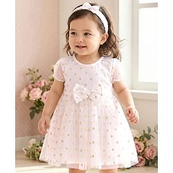 Babyhug Woven Half Sleeves Fit & Flared Party Frock with Headband Glitter Polka Dot Print & Bow Applique - White