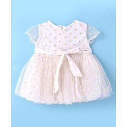 Babyhug Woven Half Sleeves Fit & Flared Party Frock with Headband Glitter Polka Dot Print & Bow Applique - White