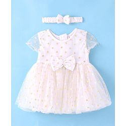 Babyhug Woven Half Sleeves Fit & Flared Party Frock with Headband Glitter Polka Dot Print & Bow Applique - White