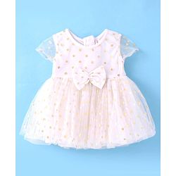 Babyhug Woven Half Sleeves Fit & Flared Party Frock with Headband Glitter Polka Dot Print & Bow Applique - White
