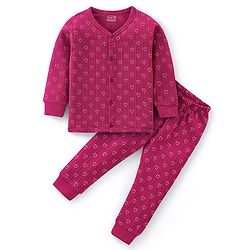 Babyhug Full Sleeves Front Open Heart Print Thermal Vest & Pant - Wine