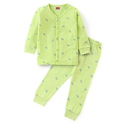 Babyhug Cotton Full Sleeves Front Open Thermal Vest And Leggings with Aeroplane Print - Lime Green