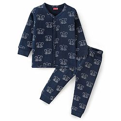 Babyhug Full Sleeves Animal Print Thermal Vest & Pant - Navy Blue