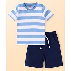 Babyhug Cotton Knit Half Sleeves Striped T-Shirt & Shorts Set - Light Blue & Navy