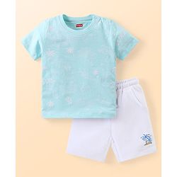 Babyhug Cotton Knit Half Sleeves T-Shirt & Shorts Set With Beach Themed Print - Blue & White