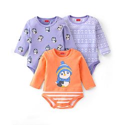 Babyhug Interlock Knit Full Sleeves Onesie With Penguin Printed Pack of 3 - Purple & Orange