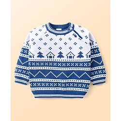 Babyhug Knitted Full Raglan Sleeves Pullover Sweater Set with Cap & Aztec Design - Blue