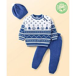 Babyhug Knitted Full Raglan Sleeves Pullover Sweater Set with Cap & Aztec Design - Blue