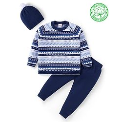 Babyhug Cotton Knit Full Raglan Sleeves Aztec Printed Sweater Set with Cap - Navy Blue