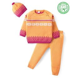 Babyhug Knitted Full Raglan Sleeves Pullover Sweater Set With Floral Design - Orange