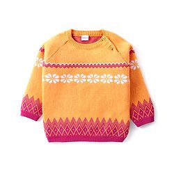 Babyhug Knitted Full Raglan Sleeves Pullover Sweater Set With Floral Design - Orange