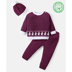 Babyhug Knitted Full Sleeves Pullover Sweater Set With Duck Design - Wine