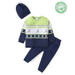 Babyhug Knitted Full Sleeves Intarsia & Deer Designed Pullover Sweater Set with Cap - Navy Blue Green & White