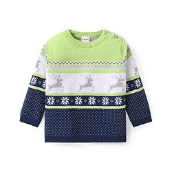 Babyhug Knitted Full Sleeves Intarsia & Deer Designed Pullover Sweater Set with Cap - Navy Blue Green & White