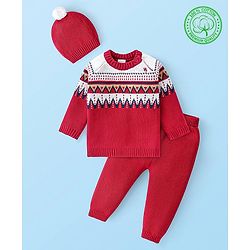 Babyhug Knit Raglan Full Sleeves Sweater Set with Cap Aztec Design - Red