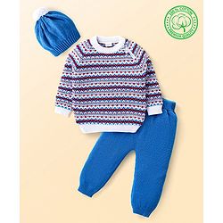 Babyhug Knitted Full Raglan Sleeves Pullover Sweater Set with Cap & Aztec Design - Blue