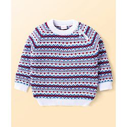 Babyhug Knitted Full Raglan Sleeves Pullover Sweater Set with Cap & Aztec Design - Blue