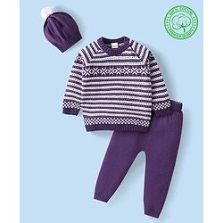 Babyhug Knitted Full Sleeves Pullover Sweater Set with Cap & Aztec Design - Purple