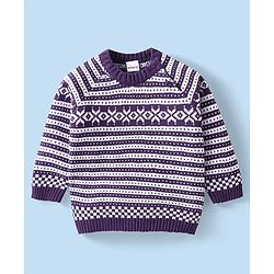 Babyhug Knitted Full Sleeves Pullover Sweater Set with Cap & Aztec Design - Purple