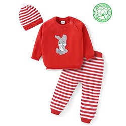Babyhug Knitted Full Raglan Sleeves Striped Sweater Set with Bunny Embroidery - Red