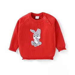 Babyhug Knitted Full Raglan Sleeves Striped Sweater Set with Bunny Embroidery - Red