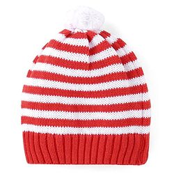 Babyhug Knitted Full Raglan Sleeves Striped Sweater Set with Bunny Embroidery - Red