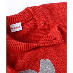 Babyhug Knitted Full Raglan Sleeves Striped Sweater Set with Bunny Embroidery - Red