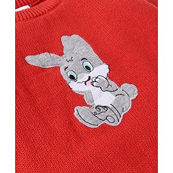 Babyhug Knitted Full Raglan Sleeves Striped Sweater Set with Bunny Embroidery - Red