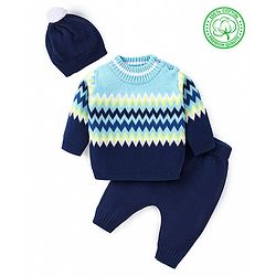 Babyhug Knitted Full Sleeves Pullover Sweater Set with Cap & Chevron Design - Navy Blue