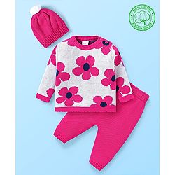 Babyhug Knit Full Sleeves Pullover Sweater Set & Cap  with Floral Design - Dark Pink & White