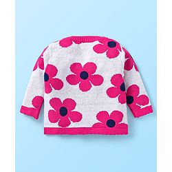 Babyhug Knit Full Sleeves Pullover Sweater Set & Cap  with Floral Design - Dark Pink & White