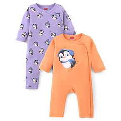 Babyhug 100% Cotton Knit Full Sleeves Romper With Penguin Print Pack of 2- Purple & Orange
