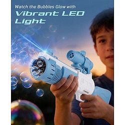 Babyhug Automatic Bubble Rifle Gun for Kids| LED Lights| 10 Hole Battery Operated Bubble Machine Toy & 100ml Bubble Solution| 3000+ Bubbles per Min|Bubble Blaster for Boys & Girls BIS Certified - Blue
