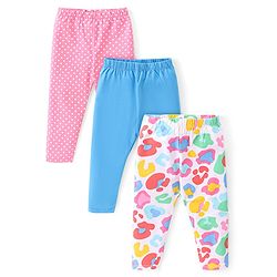 Babyhug Cotton Lycra Knit Full Length Leggings with Solid  Polka Dots & Floral Print Pack of 3 - Blue Pink & White