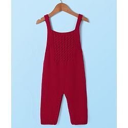 Babyhug Sweater Knit Winter Wear Solid Dungaree & Full Sleeves Inner Tee - Dark Red & White