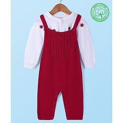 Babyhug Sweater Knit Winter Wear Solid Dungaree & Full Sleeves Inner Tee - Dark Red & White