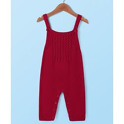 Babyhug Sweater Knit Winter Wear Solid Dungaree & Full Sleeves Inner Tee - Dark Red & White