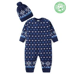 Babyhug Cotton Knit Full Sleeves Winter Wear Romper with Cap Floral Intarsia Design  - Navy Blue