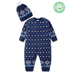 Babyhug Cotton Knit Full Sleeves Winter Wear Romper with Cap Floral Intarsia Design  - Navy Blue