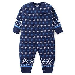Babyhug Cotton Knit Full Sleeves Winter Wear Romper with Cap Floral Intarsia Design  - Navy Blue