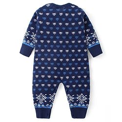 Babyhug Cotton Knit Full Sleeves Winter Wear Romper with Cap Floral Intarsia Design  - Navy Blue