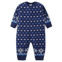 Babyhug Cotton Knit Full Sleeves Winter Wear Romper with Cap Floral Intarsia Design  - Navy Blue
