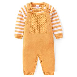 Babyhug Sweater Knit Winter Wear Dungaree & Full Raglan Sleeves Striped Inner Tee - Light Orange