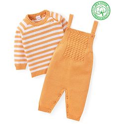 Babyhug Sweater Knit Winter Wear Dungaree & Full Raglan Sleeves Striped Inner Tee - Light Orange